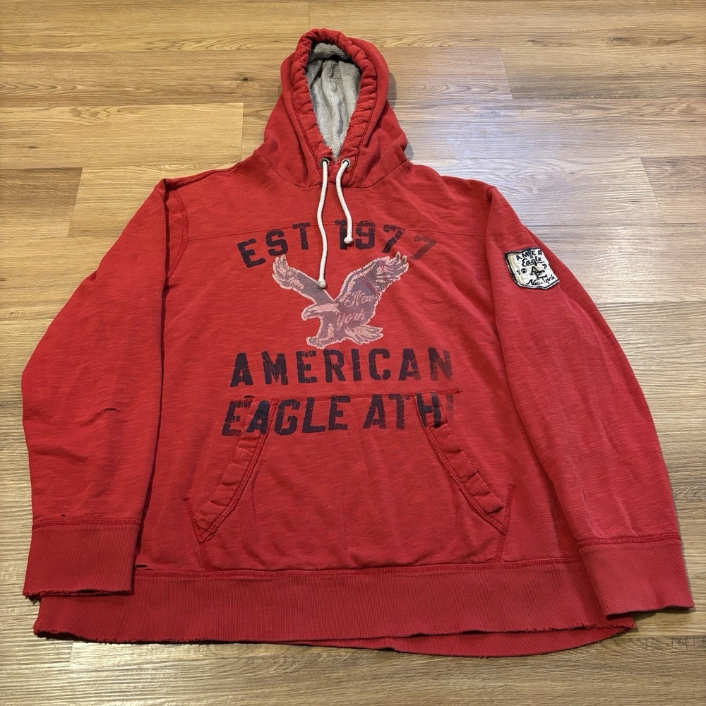 American Eagle Hoodie Mens 2XL Red Pullover Athletic Fit Distressed Fading Y2K